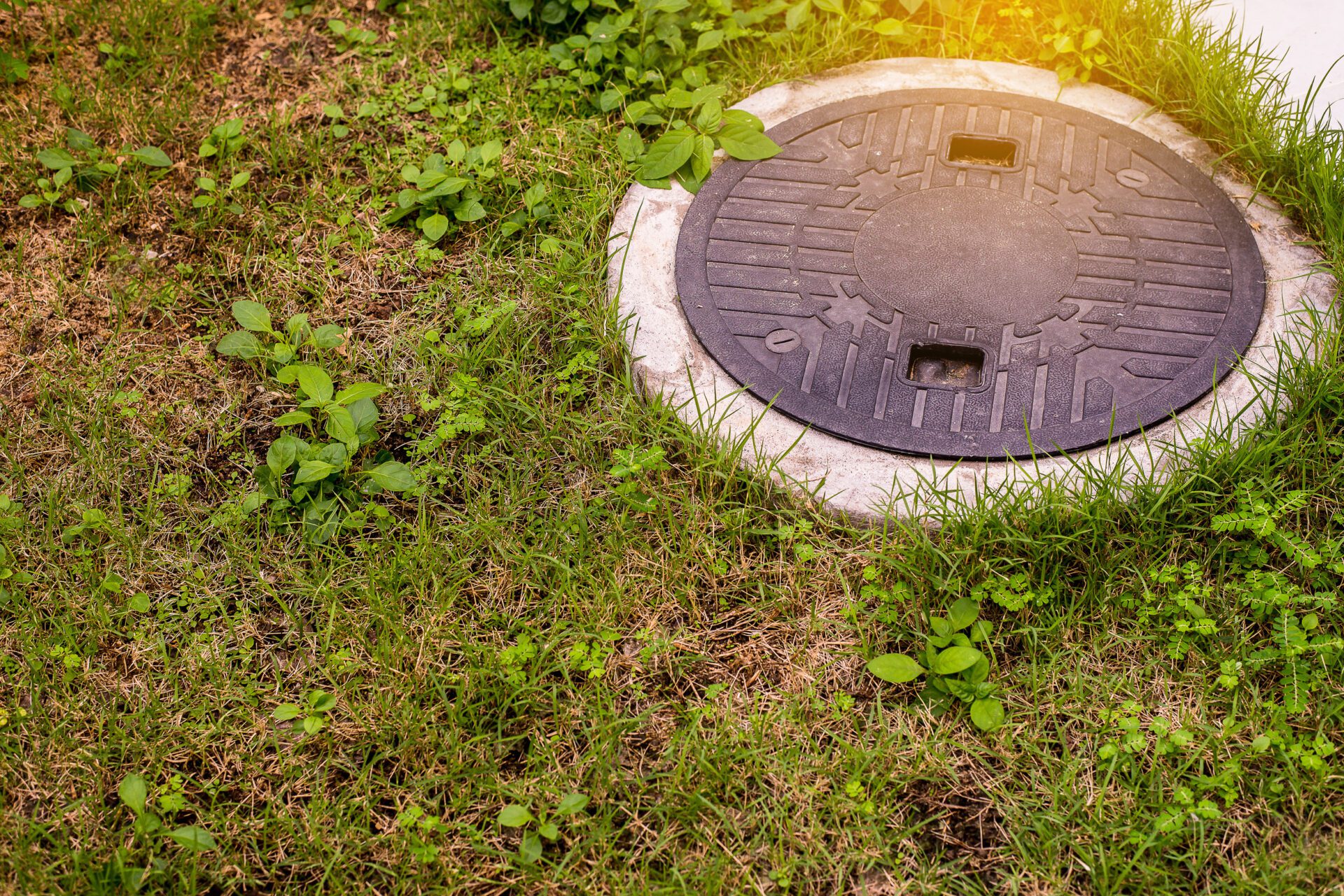 A yard with a septic tank.